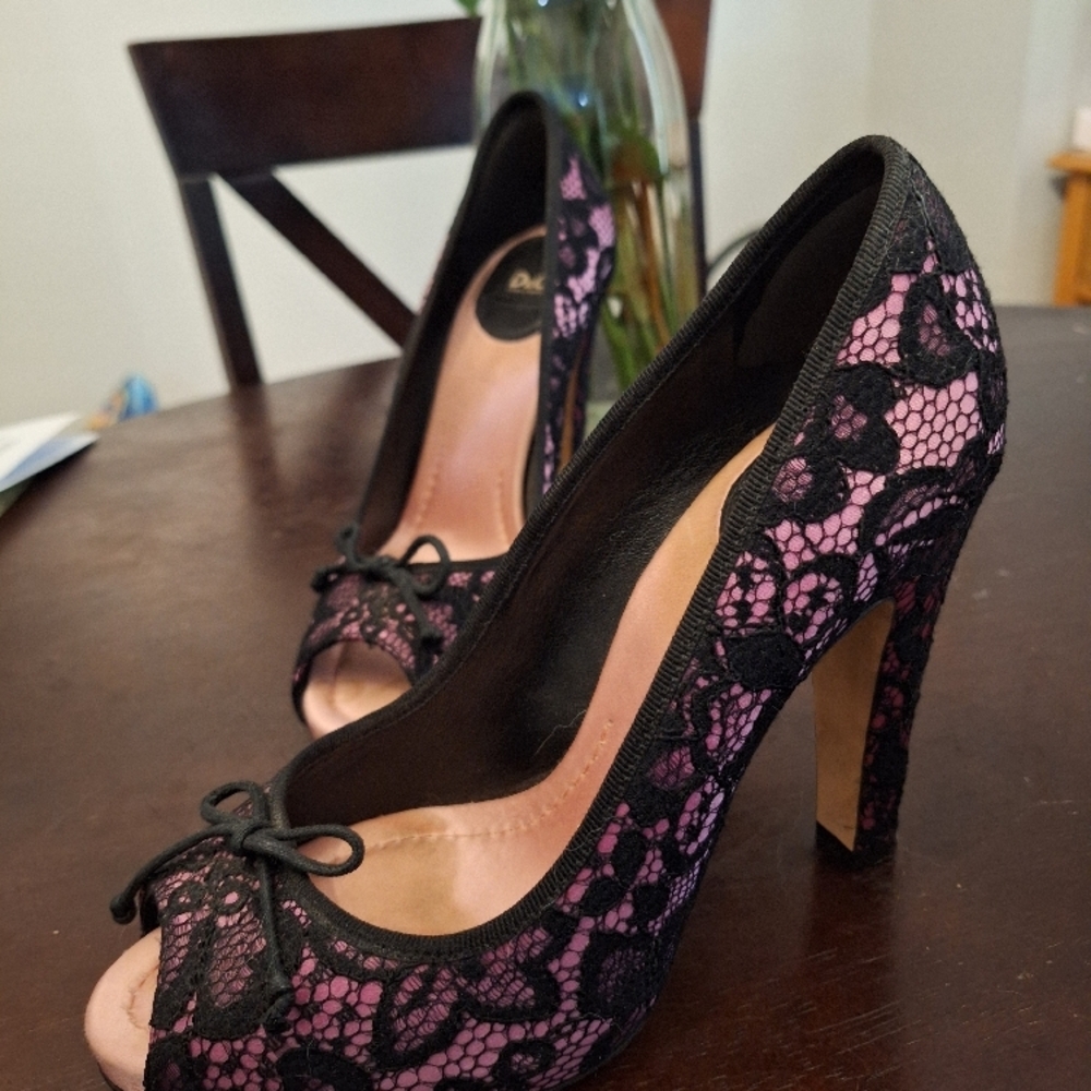 D&G Black and Pink Lace Peep-Toe Heels